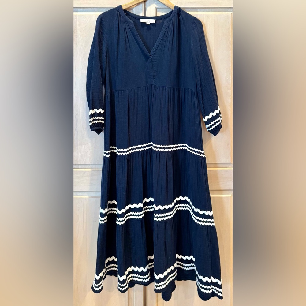 LOFT Navy and White Rick Rack Tiered Dress